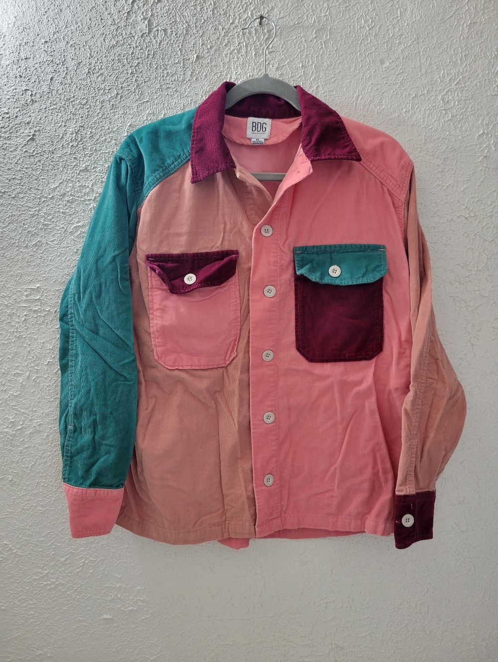 BDG Sz M Corduroy Color Block Shirt Womens Button Down Urban Outfitters Pink